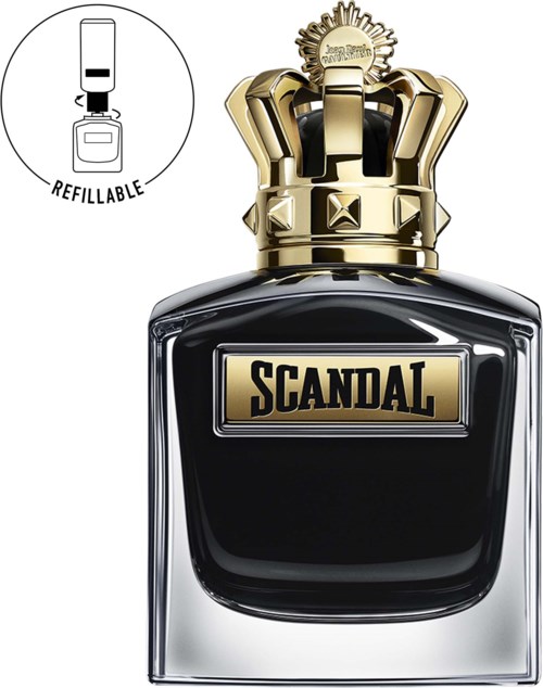 Een parfumfles genaamd Scandal met een gouden kroonstop en hervuloptie.