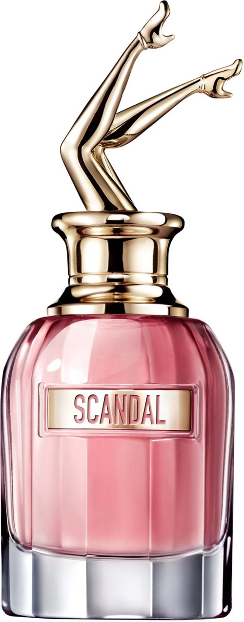 Een roze parfumfles met een gouden dop en benen op de dop.
