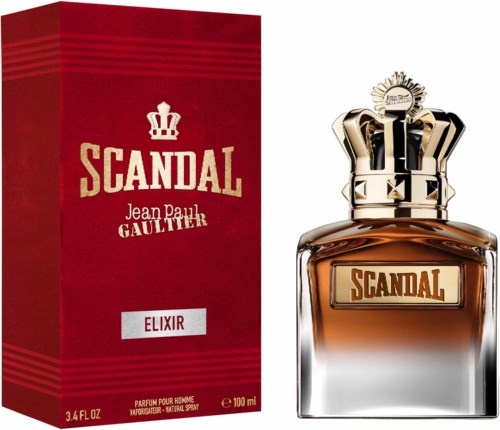 Een parfumfles met 'Scandal' erop naast een rood doosje met dezelfde naam, en een kroon bovenop de fles.