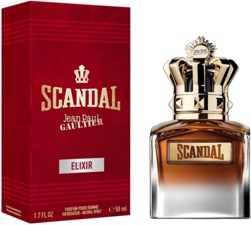 Een parfumfles met een gouden krooncappie en rood en goud doosje, labelt 'SCANDAL' en 'Elixir.'