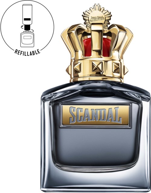 Een parfumfles met een gouden kroondop, gelabeld skandal en een hervulbaarheidsicoon.
