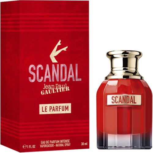 Een rood doosje en een parfumfles met de naam Scandal Le Parfum van Jean Paul Gaultier.
