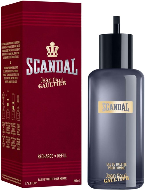 Een zwart flesje met een spraydop en een rode doos met het label Scandal door Jean Paul Gaultier.