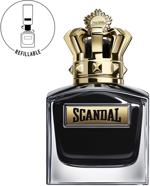 Een parfumfles met het label Scandal, gouden kroondop en herbruikbaar symbool.