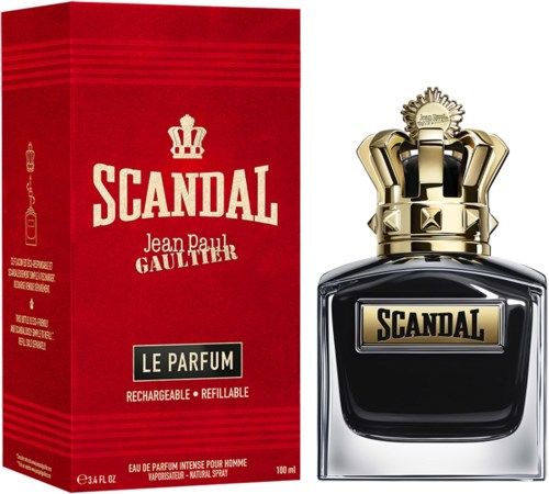 Een parfumfles en doos in zwart, goud en rood, genaamd SCANDAL door Jean Paul Gaultier.