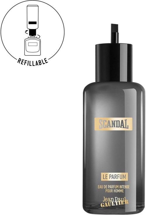 Donkere grijze parfumfles met goud en zwart label met teksten Scandal en Le Parfum. Herbruikbare pomp bovenaan.
