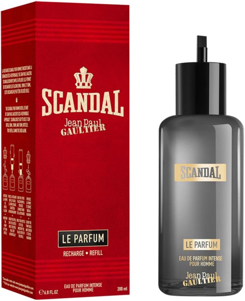 Een sprayfles en een rood dooslabel voor Jean Paul Gaultier's Scandal-parfum, voor mannen.