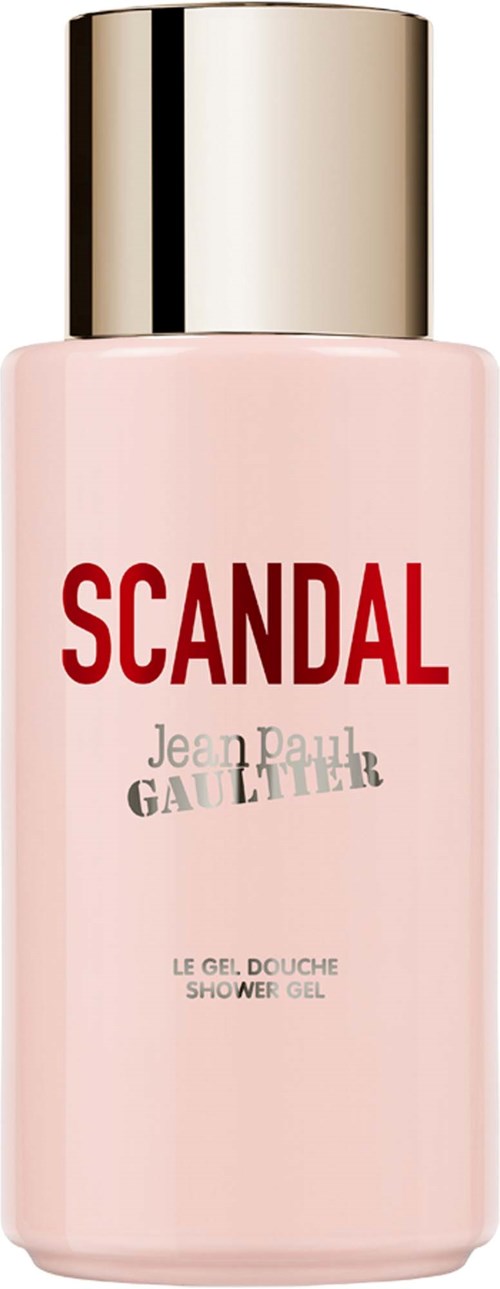 Een roze douchegelfles met goudkleurige dop, gelabeled Scandal door Jean Paul Gaultier.