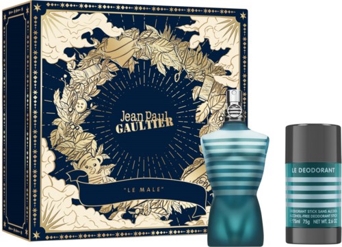 Jean Paul Gaultier Le Male parfympresentset med en blå randig flaska och en liten deodorant.