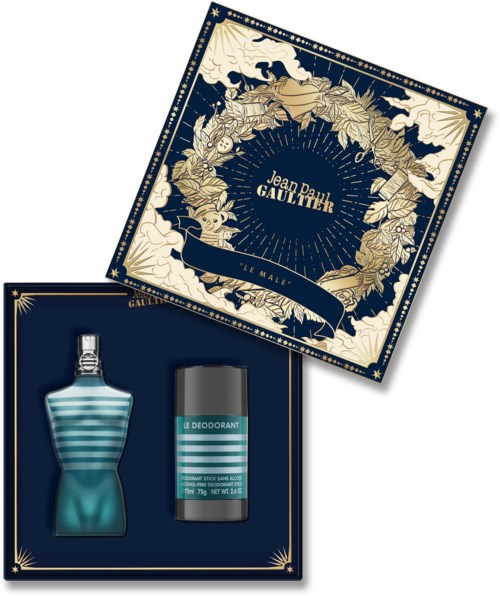Ett presentset med Jean Paul Gaultier Le Male-parfym och deodorant i blå förpackningar.