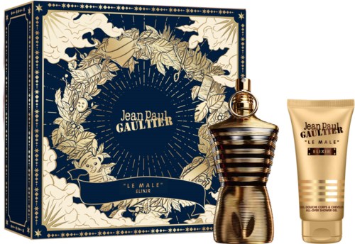Parfymflaska och kroppslotion med Jean Paul Gaultier Le Male Elixir-emballage i blått och guld.