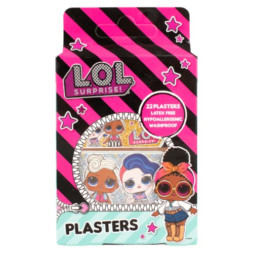 Bunte Verpackung mit LOL Surprise!-Charakteren und Text über 22 latexfreie, hypoallergene, wasserdichte Pflaster.