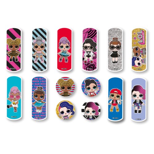 Ein Set bunter Verbandstreifen mit Cartoon-Puppen mit verschiedenen Frisuren und Outfits.