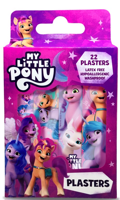 Bunte Schachtel mit Bildern von My Little Pony-Charakteren, beschriftet '22 Plasters' mit Produktdetails.