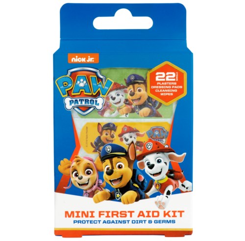 PAW Patrol Mini-Erste-Hilfe-Set mit Figuren, Reinigungstüchern und Pflastern für Kindersicherheit.