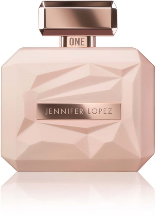 Een roze parfumfles met een geometrisch ontwerp en een metalen dop, gelabeld 'Jennifer Lopez' en 'One'.