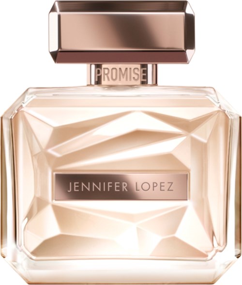 Een parfumfles met een strak, geometrisch glazen ontwerp en een metalen dop, gelabeld 'Jennifer Lopez Promise'.