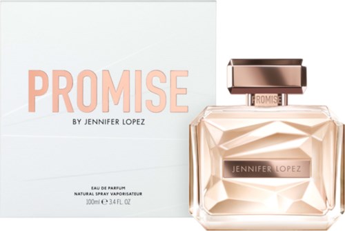 Een parfumfles met 'Promise' van Jennifer Lopez, met een roze geometrisch ontwerp en verpakkingsdoos.