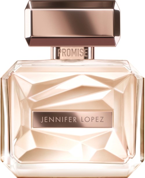 Een parfumfles met een geometrisch glasontwerp en de naam 'Jennifer Lopez.'