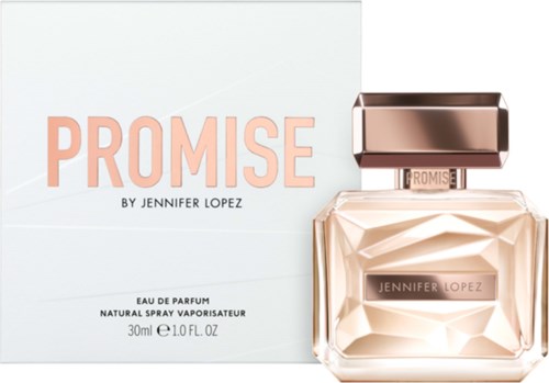 Een parfumdoos en fles genaamd 'Promise' door Jennifer Lopez, met roze en gouden accenten.