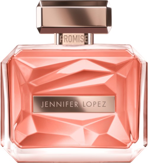Roze parfumfles met geometrisch ontwerp, zilveren dop en 'Jennifer Lopez' label.