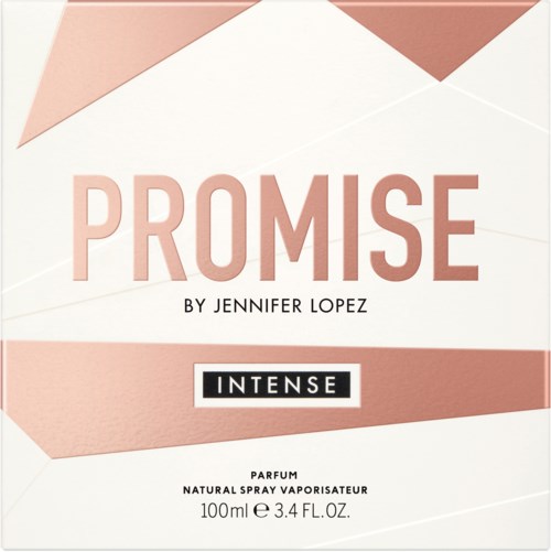 Een parfumdoos met 'PROMISE' van Jennifer Lopez, met 'INTENSE' en informatie over volume (100 ml).