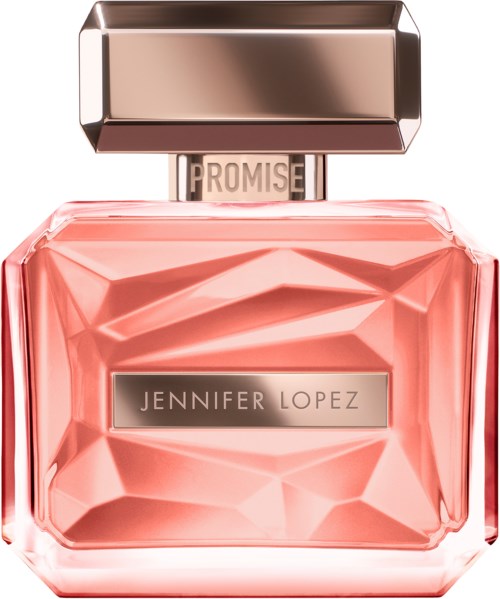 Een roze parfumfles met een edelsteen-achtig ontwerp en een zilveren dop, gemerkt "Jennifer Lopez" en "Promise."