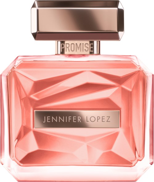 Een roze parfumfles met een glanzend, geometrisch ontwerp en een metalen dop met 'PROMISE' erop.
