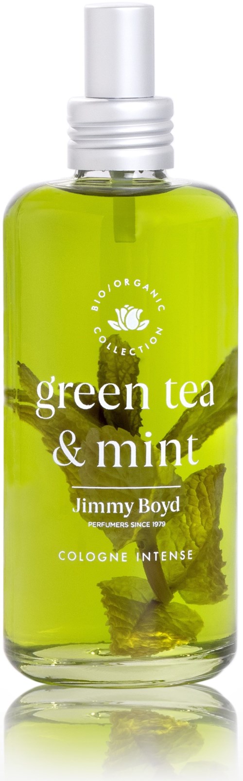 Een groene, doorzichtige fles met een witte spraydop, gelabeld 'green tea & mint' van Jimmy Boyd, cologne voor mannen.