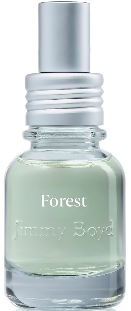Een klein doorzichtige fles met een zilveren dop, gemerkt Forest door Jimmy Boyd, met lichtgroene vloeistof.