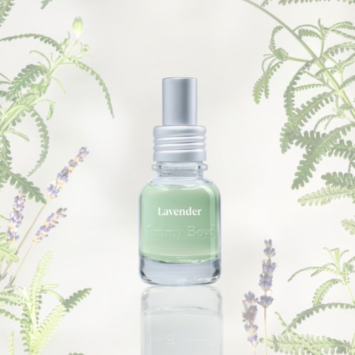 A lavender essential oil bottle with a silver cap, surrounded by lavender and fern plants.