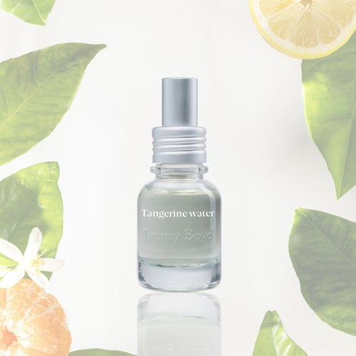 Een klein doorzichtige fles met label Tangerine Water, omgeven door groene bladeren en citruspartjes.