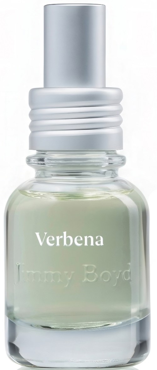 A perfume bottle with a silver cap, pale yellow liquid, and the label Verbena Jenny Boye.