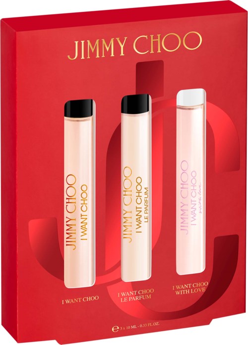 Kolmi matkakokoista parfymipulloa, valkoisella pakkauksella ja mustilla tai valkoisilla kansilla, Jimmy Choo I Want Choo.