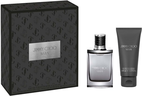 Jimmy Choo Man tuoksu ja vartalonhoitoaine mustissa pakkauksissa hopean yksityiskohdilla, vieressä koristelasi nauhoilla.