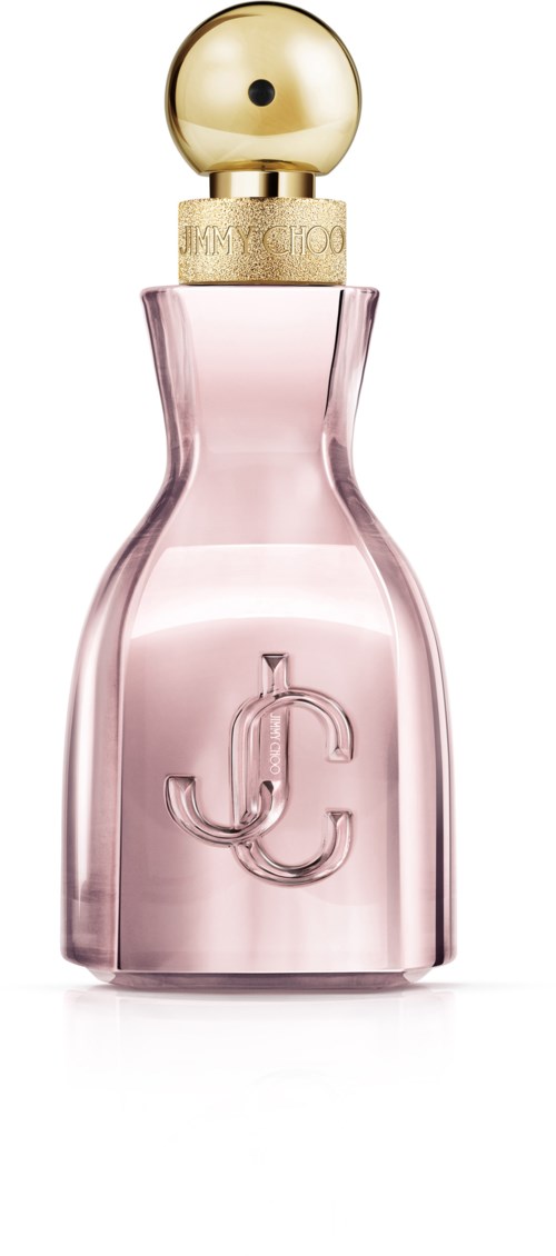Een roze parfumfles met een gouden deksel en een decoratief logo op de voorkant.