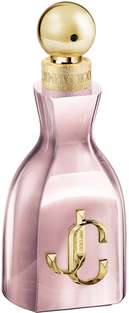 Eine rosa Parfümflasche mit goldener Kappe und goldenem Logo auf der Vorderseite.