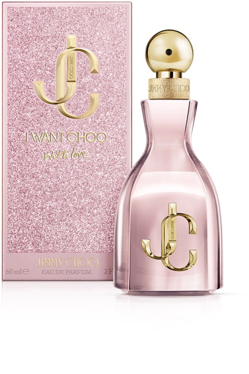 Eine rosa Parfümflasche mit Goldakzenten und passender rosa Box, mit Jimmy Choo Logo und goldener Kappe.