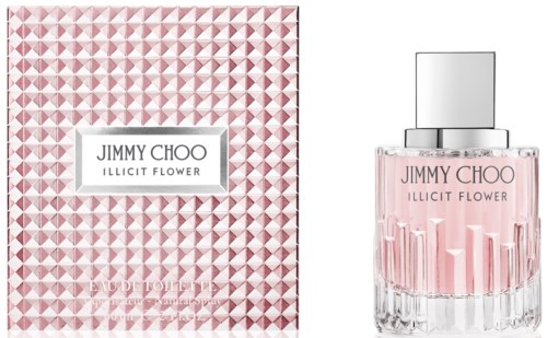 Een roze versierde doos en een doorzichtig parfumblaasje met roze vloeistof. Beide zijn Jimmy Choo Illicit Flower producten.