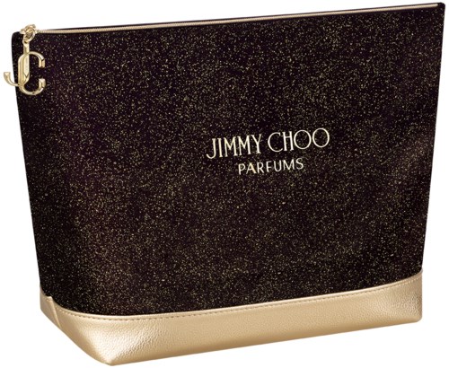 A black and gold glittery bag with a gold bottom, named JIMMY CHOO PARFUMS, and a gold zipper with a charm.