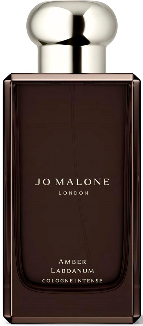 Tumman ruskea pullo, jossa on hopeinen pyöreä korkki. Se on Jo Malone Amber Labdanum cologne.
