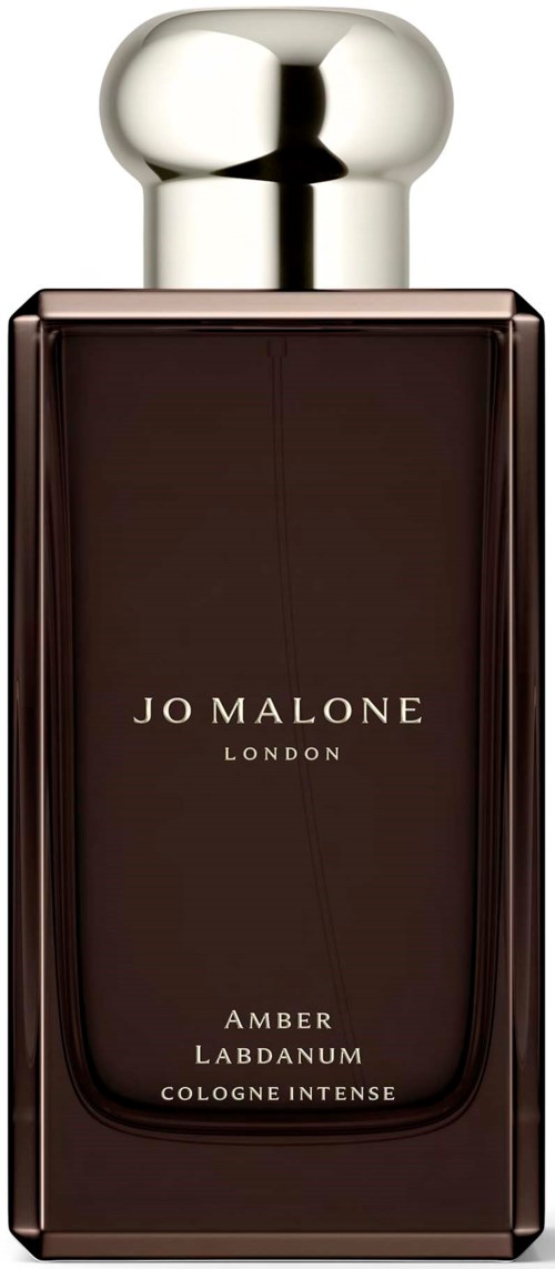 Tummanruskea hajuvesipullo, hopeinen korkki, valmistuttajalta Jo Malone London, nimeltä Amber Lapdnam Cologne Intense.