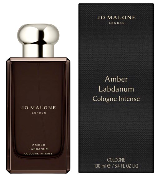 Parfyyttipullo, jossa lukee Jo Malone Amber Labdanum Cologne Intense, vieressä sen rasia.