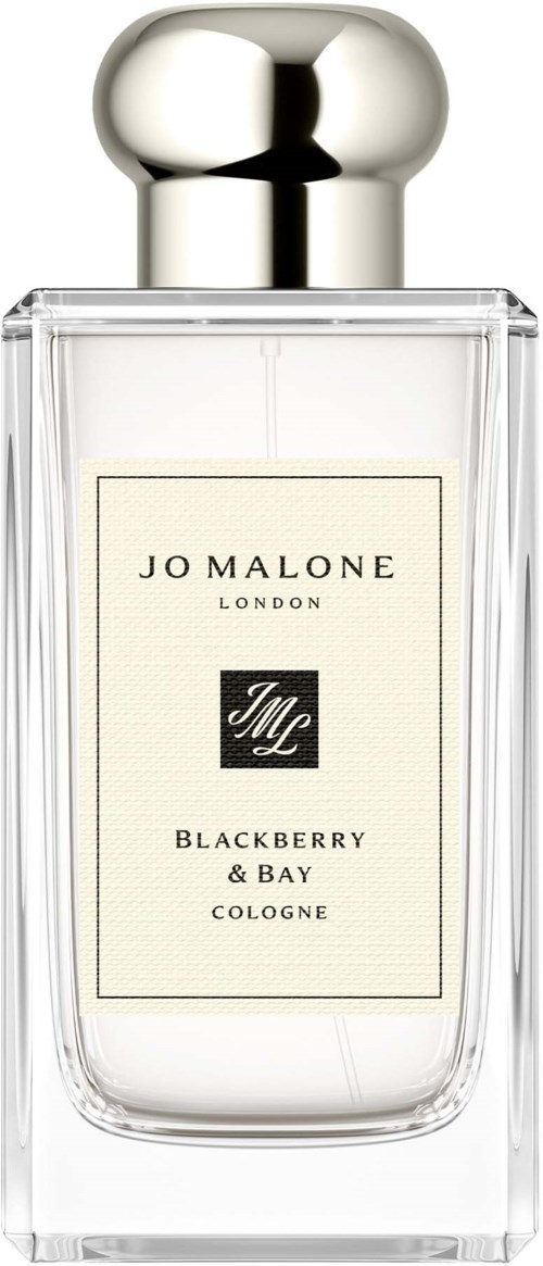 A clear cologne bottle with a silver cap, labeled Jo Malone Blackberry & Bay Cologne.