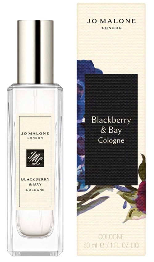 En parfyllflaska och en förpackning, båda med etiketter för Blackberry & Bay Cologne av Jo Malone London.