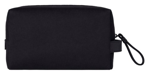 A black makeup bag with a zipper and wrist strap.
