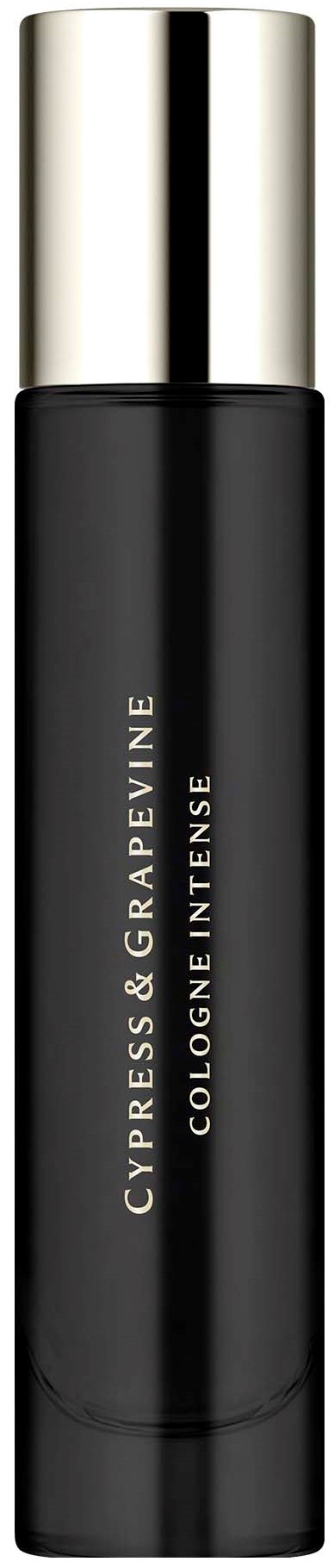 Musta pullo hopeisella kannella, teksti Cypress & Grapevine Cologne Intense.