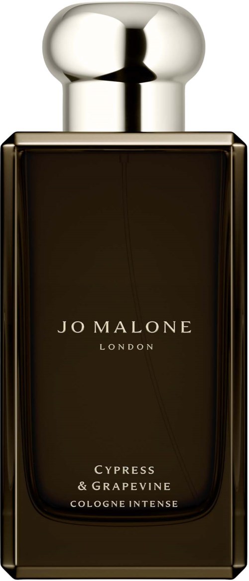 Tumma pullo hopeisella korkilla, merkki Jo Malone London, Citrus & Grapevine Cologne Intense.