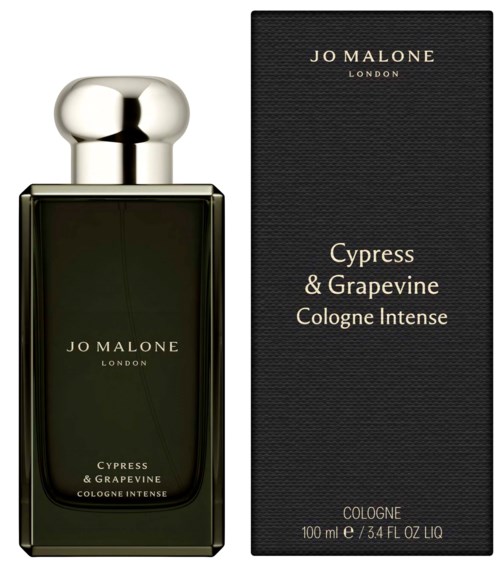 Tumma hajuvesilasi hopeisella kannella ja vastaavalla laatikolla, merkinnällä Jo Malone Cypress and Grapevine Cologne.