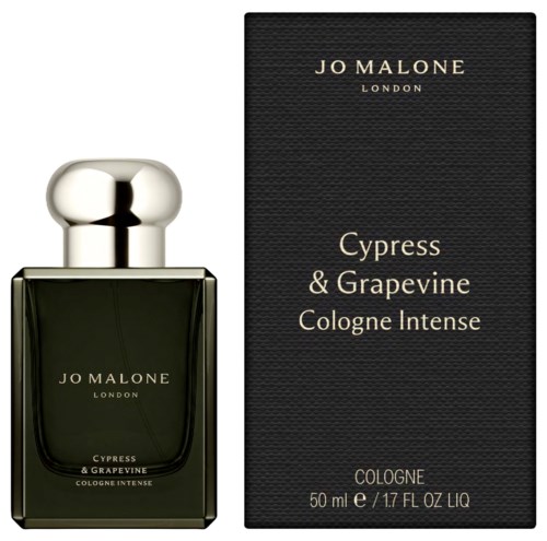 Musta hajuvesipullo ja laatikko, jossa lukee Jo Malone Cypress & Grapevine Cologne Intense, 50 ml.